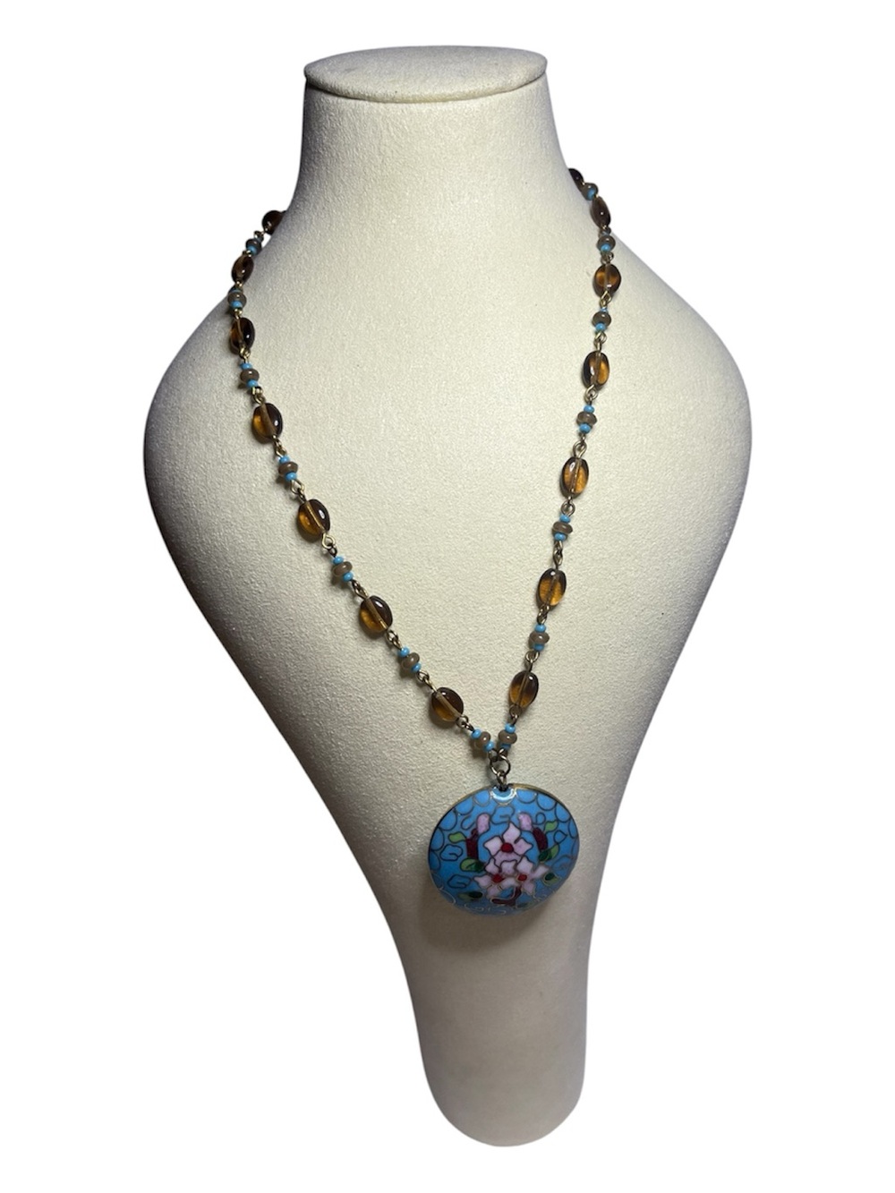 Artisan Blue Cloisonné Pendant Necklace with real Amber Beads - Picture 2 of 3